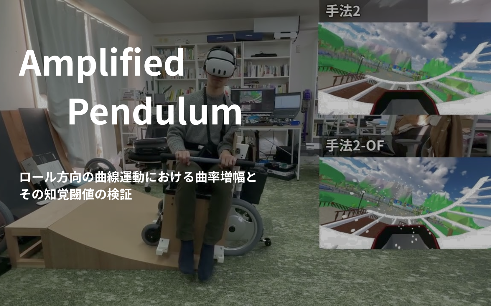 Amplified Pendulum: ロール方向の曲線運動における曲率増幅とその知覚閾値の検証
